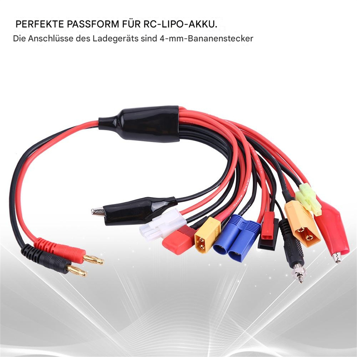 Ein Ladeadapter mit mehreren Anschlüssen und Kabeln für RC-Lipo-Akkus.