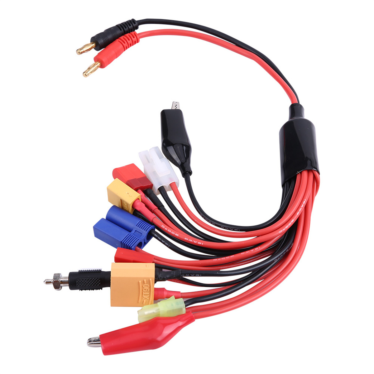 Verschiedene elektronische Stecker und Kabel, rot und schwarz, zum Laden von Batterien oder ähnlichen Aufgaben.