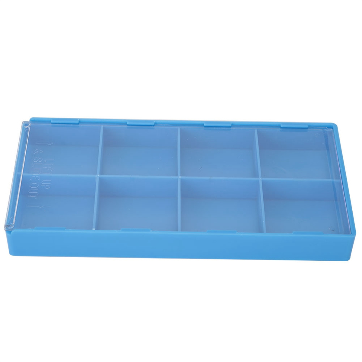 Blaue Kunststoffbox mit 8 Fächern. Klarsichtdeckel. Text zeigt 'lift & slide out'.
