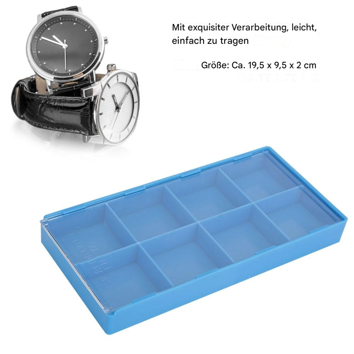 Zwei Armbanduhren und eine blaue Kunststoff-Uhrenbox. Die Uhren sind schwarz und silber.