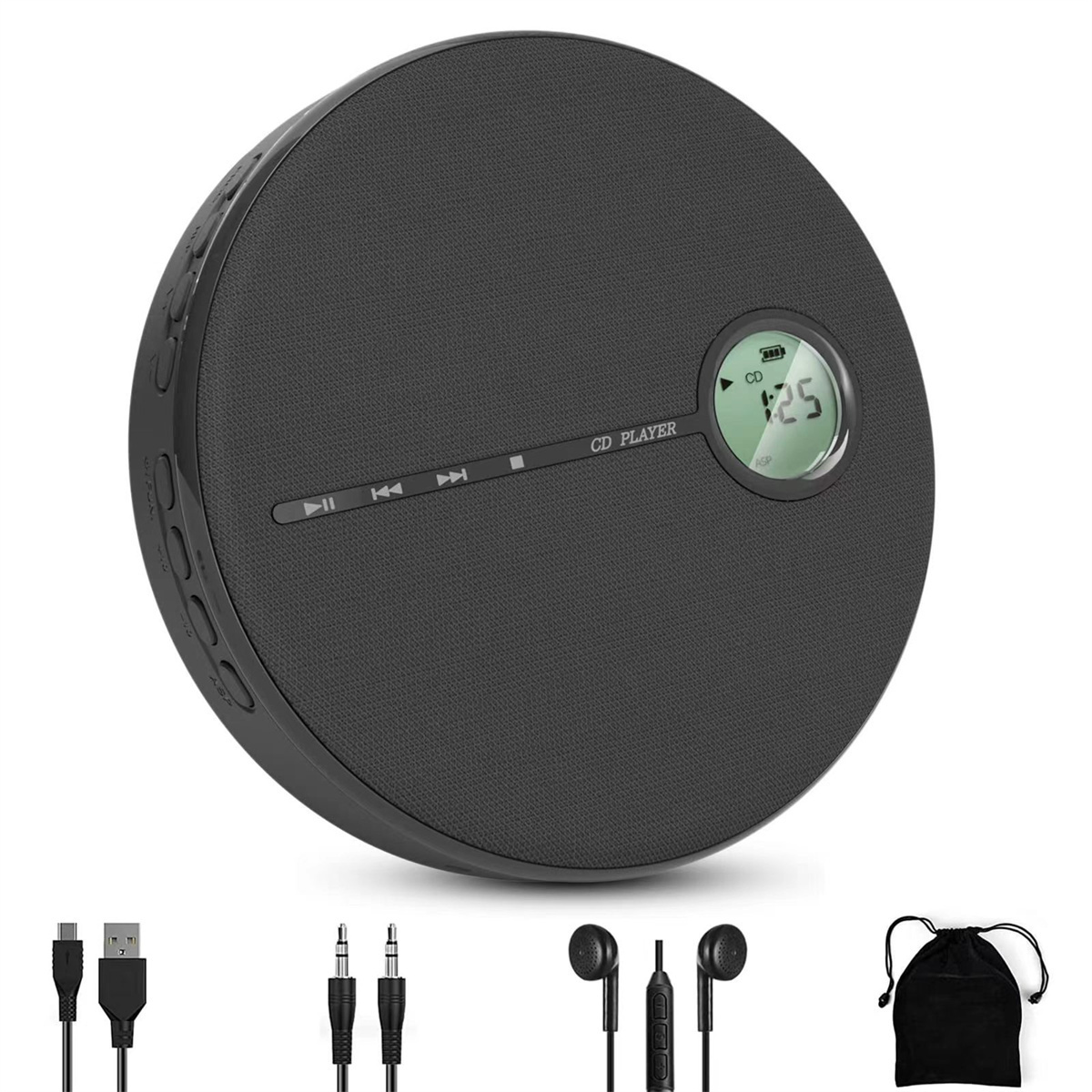Ein schwarzer CD-Player mit einem Bildschirm, der Zahlen anzeigt, und verschiedenen Anschlusskabeln.