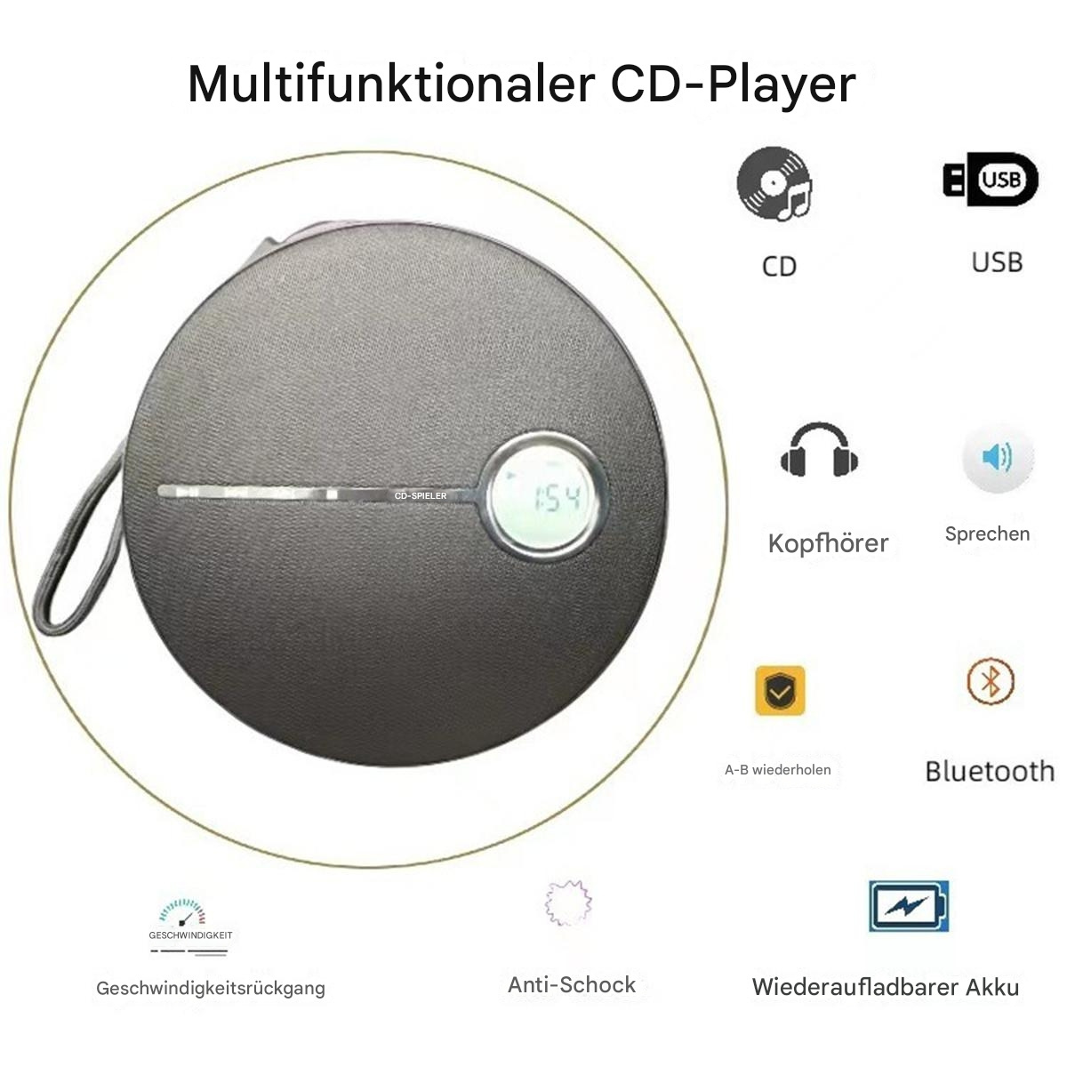 Ein schwarzer CD-Player mit Bildschirm und Symbolen für Funktionen wie CD, USB, Kopfhörer und Bluetooth.