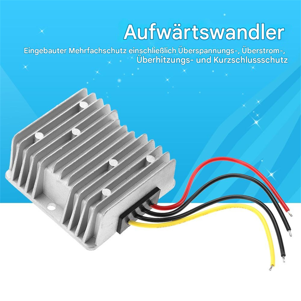 Silberner Spannungswandler mit Drähten und Text 'Aufwärtswandler' und technischen Infos.