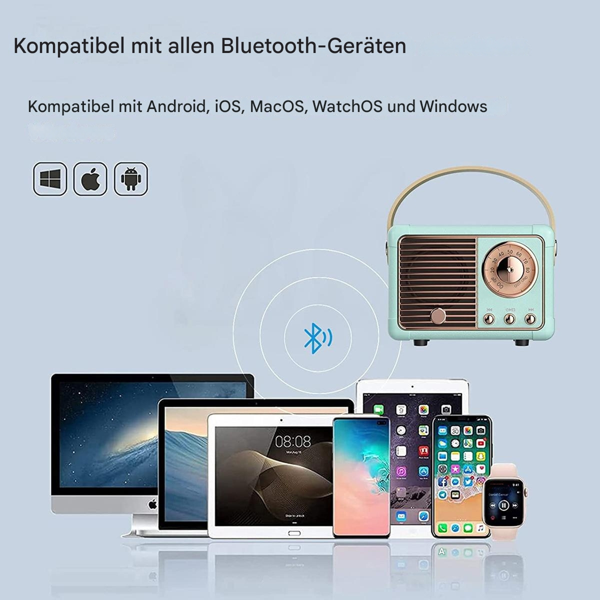 Verschiedene elektronische Geräte wie Tablets, Telefone und ein Lautsprecher, mit blauem Bluetooth-Symbol.