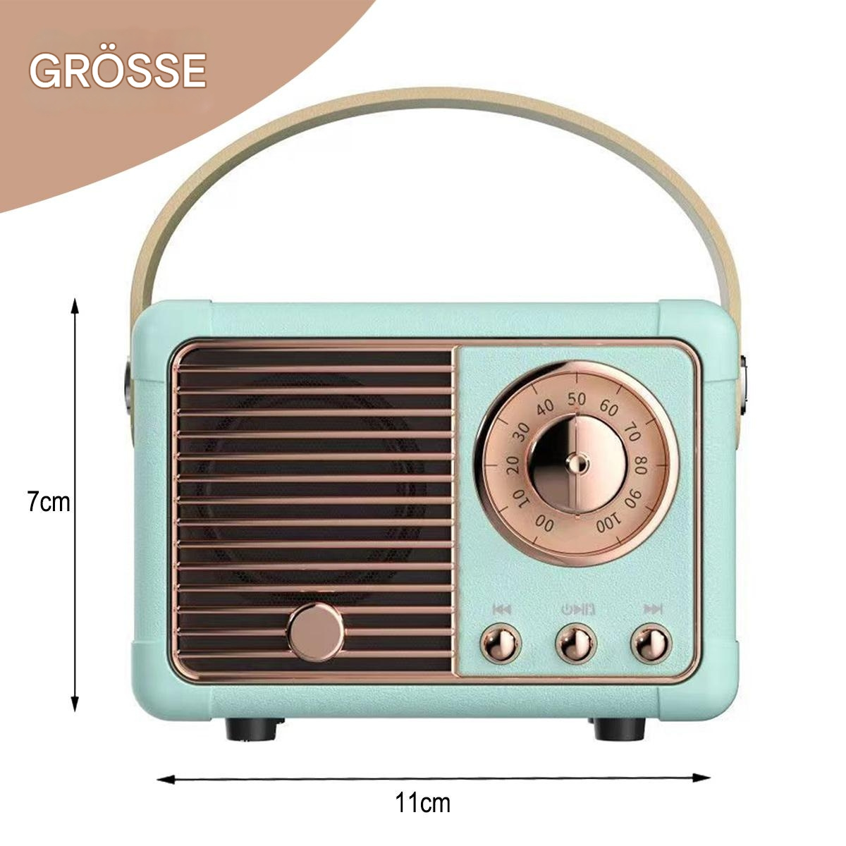 Ein kleines mintgrünes Vintage-Radio mit Griff, mit den Abmessungen von 11 cm x 7 cm.