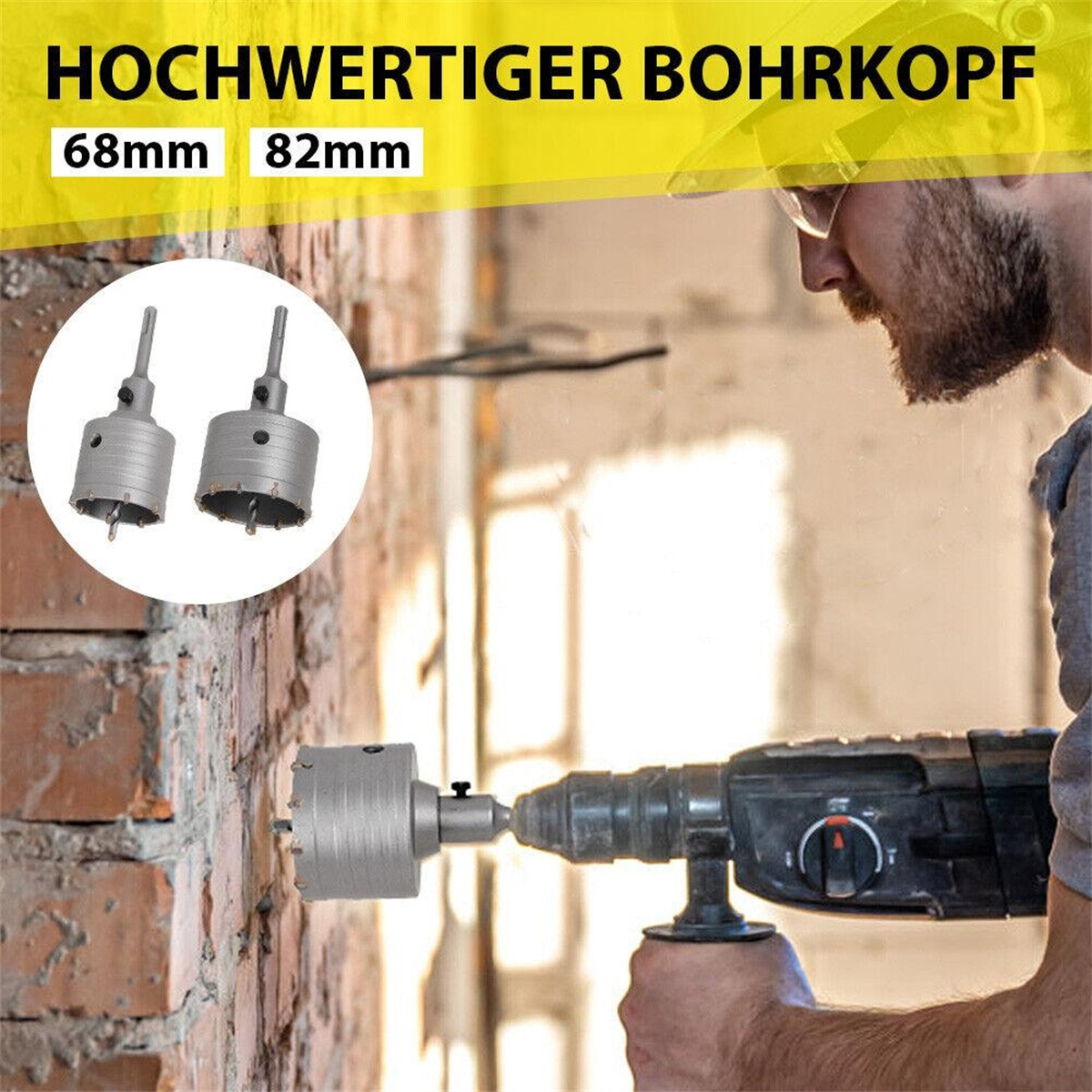 Mann, der eine Bohrmaschine benutzt, um ein Loch in eine Ziegelmauer zu bohren. Zwei Bohrer sind sichtbar.