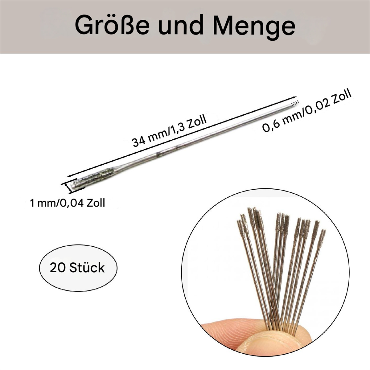 Silberne Bohrer mit Maßen. Aufschrift 'Größe und Menge'. 20 Stück in einem Oval. Nahaufnahme der Bits.