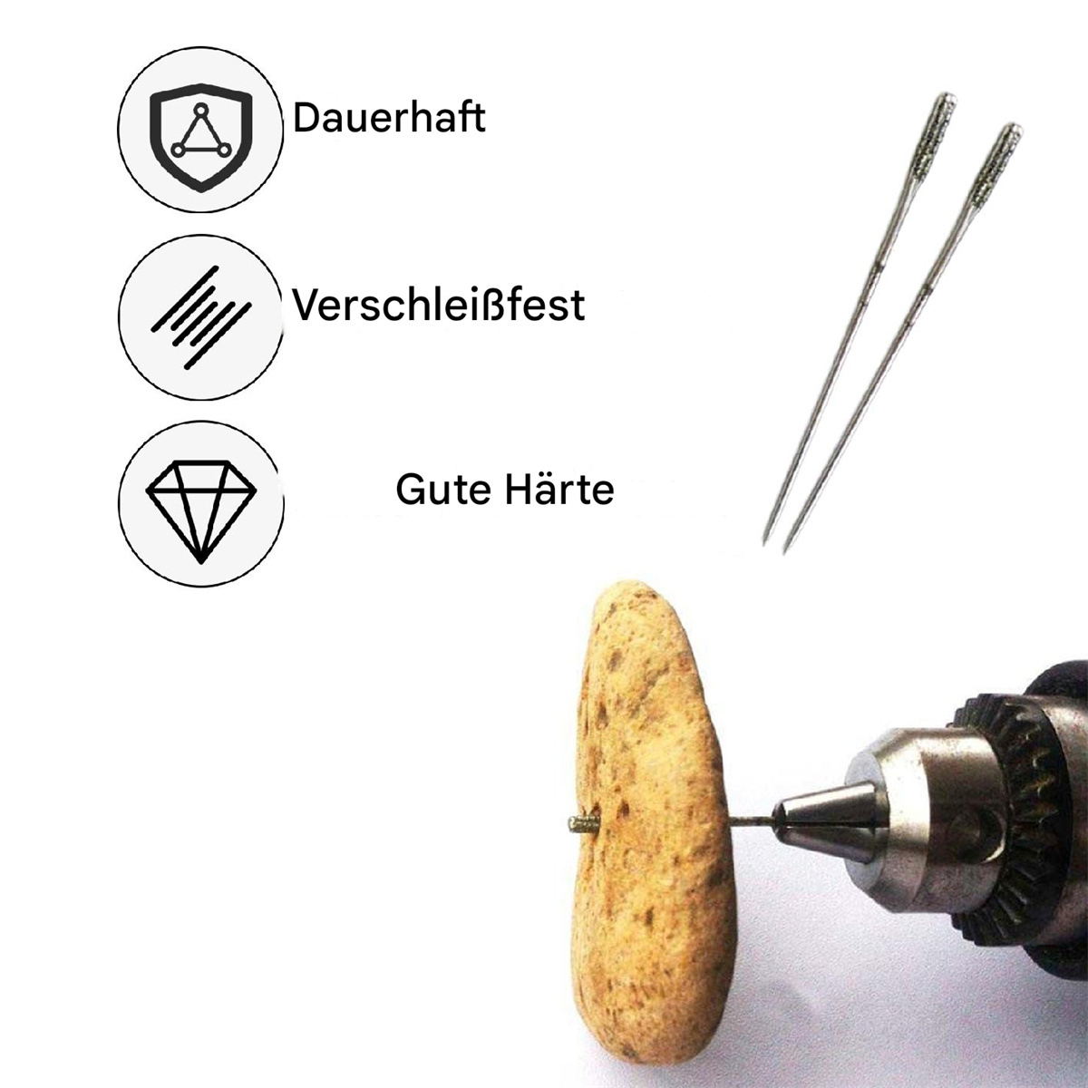 Nahaufnahme eines Steins, der von einem Bohrer bearbeitet wird. Drei Symbole und zwei Bohrer sind ebenfalls abgebildet.