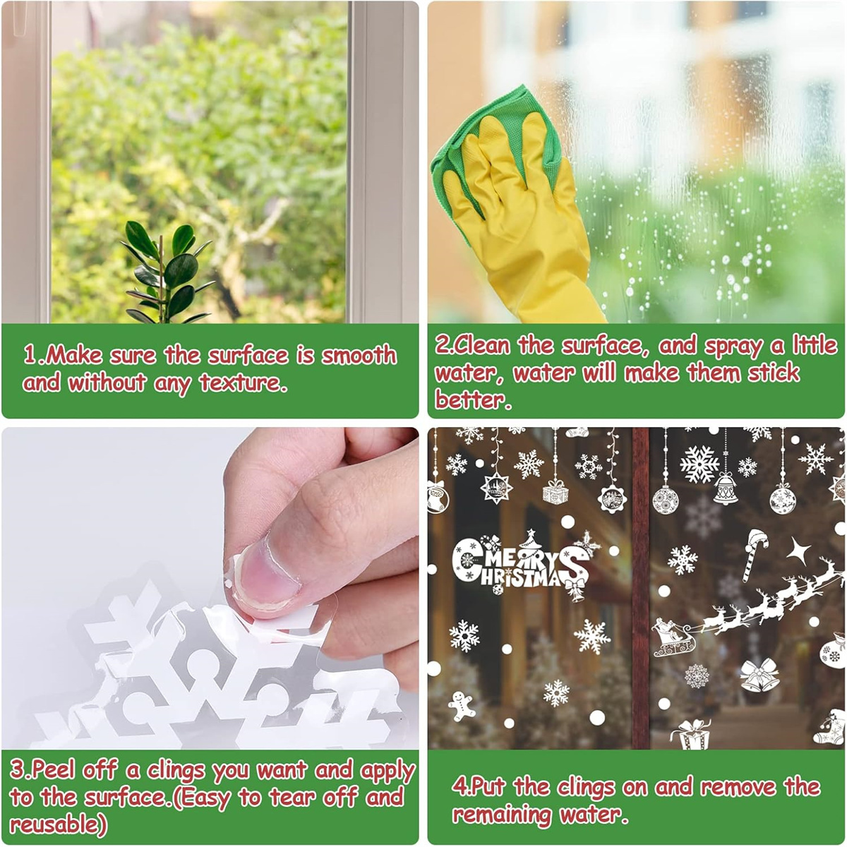 Vierfeld-Bild zeigt Fensterputzschritte mit Textanweisungen zum Anbringen von Aufklebern.