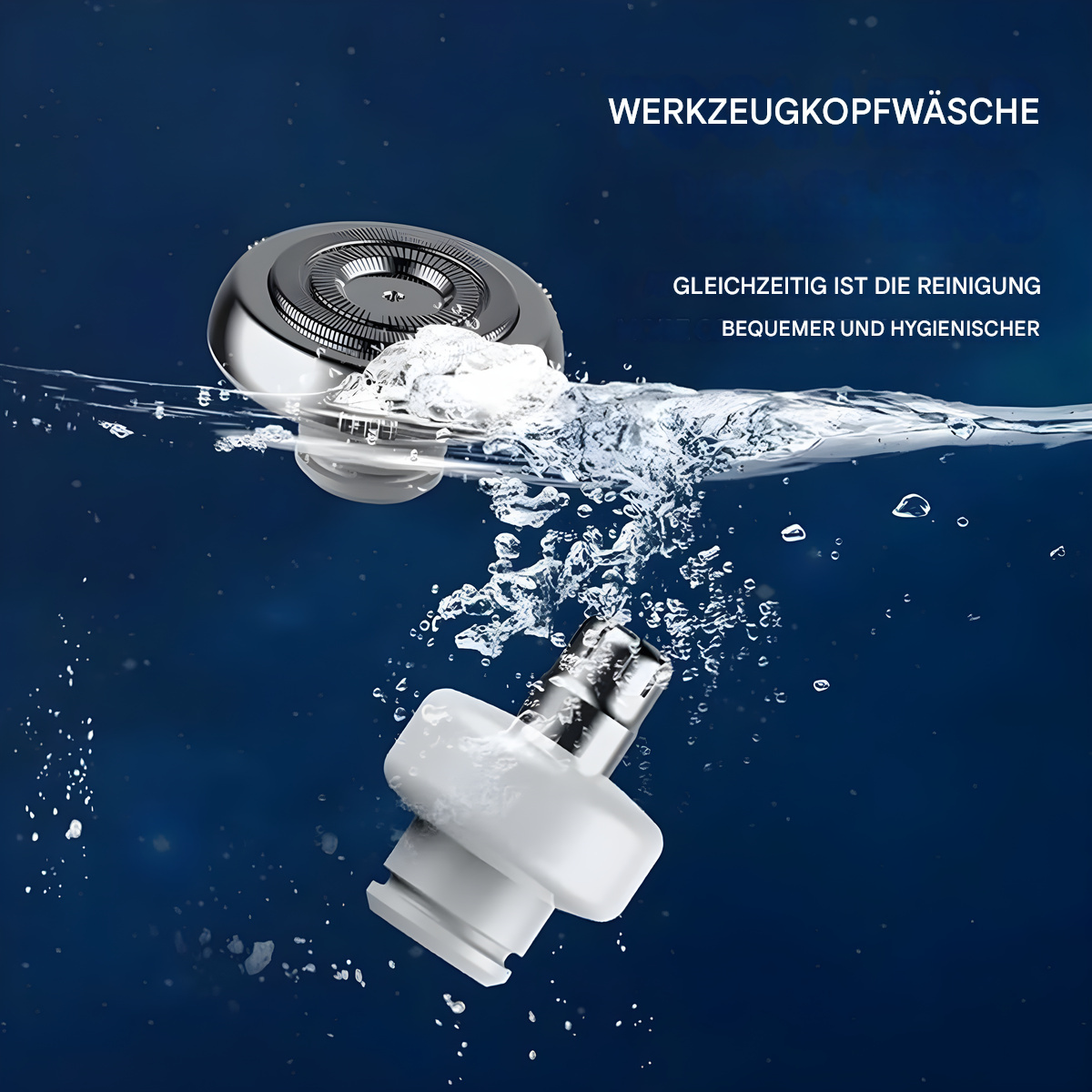 Ein Rasierkopf und Teil im Wasser, mit Text oben auf Deutsch.
