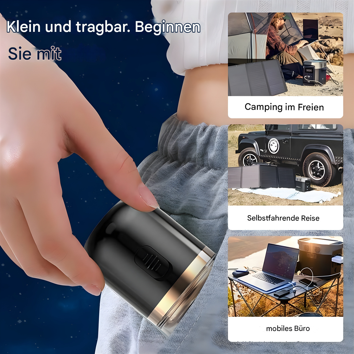 Eine Person hält ein kleines tragbares Gerät, mit Bildern von Camping und Outdoor-Nutzung.