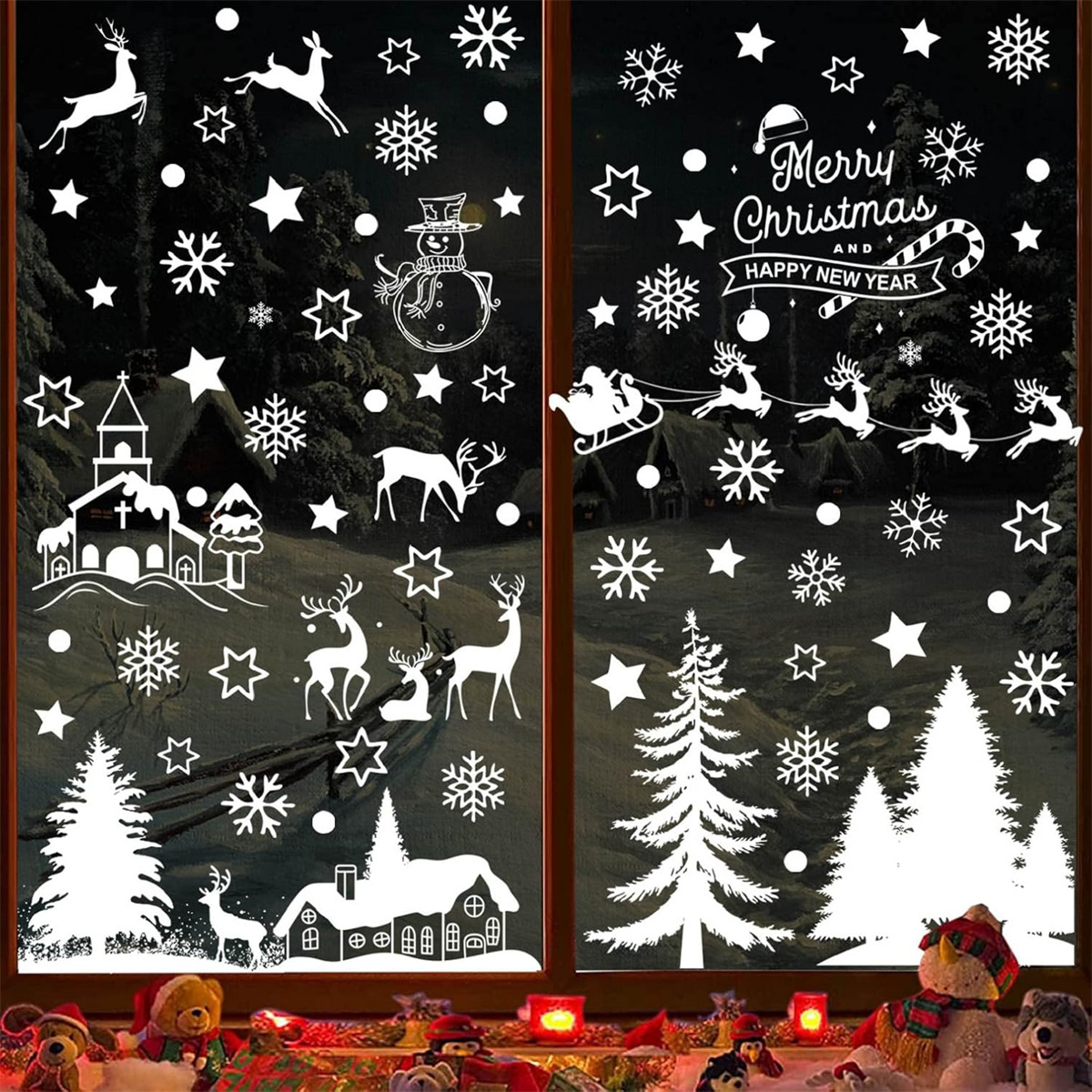 Weihnachtsdekoration: weiße Bilder von Bäumen, Sternen, Rentieren, Schneemann und Frohe Weihnachten Text.
