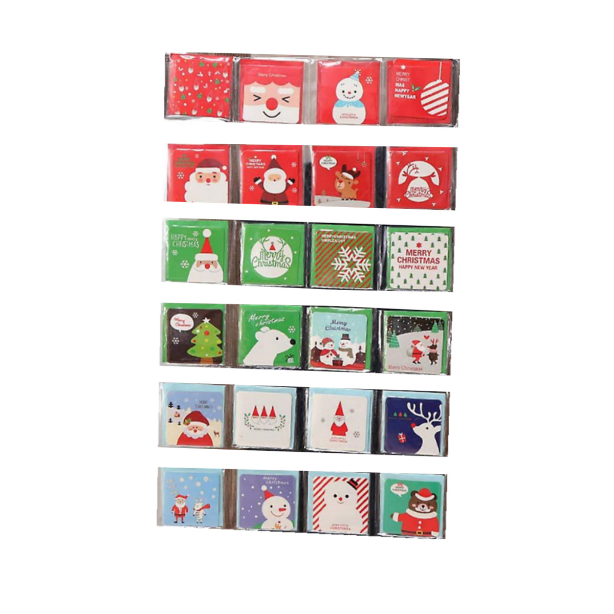 Weihnachtliche Geschenkboxen in Rasteranordnung, mit verschiedenen festlichen Illustrationen.