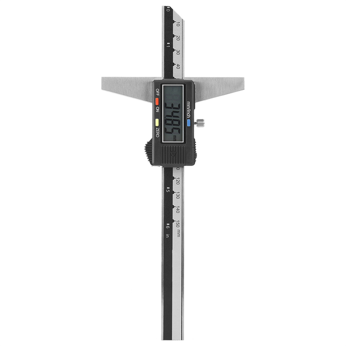 Digitaler Messschieber mit 34,85 mm. Das Werkzeug ist schwarz und silber.