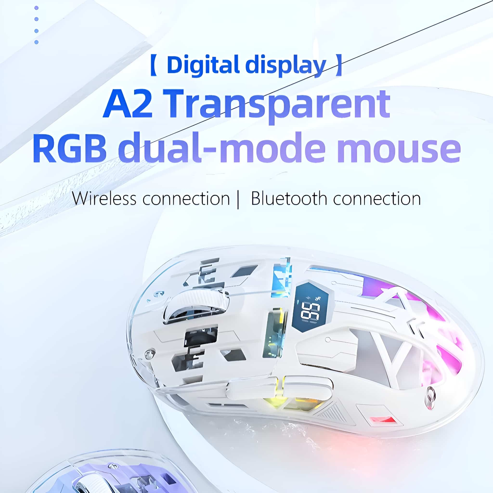 Weiße, transparente Computermaus mit RGB-Lichtern. Zeigt eine digitale Anzeige und Bluetooth-Verbindung.