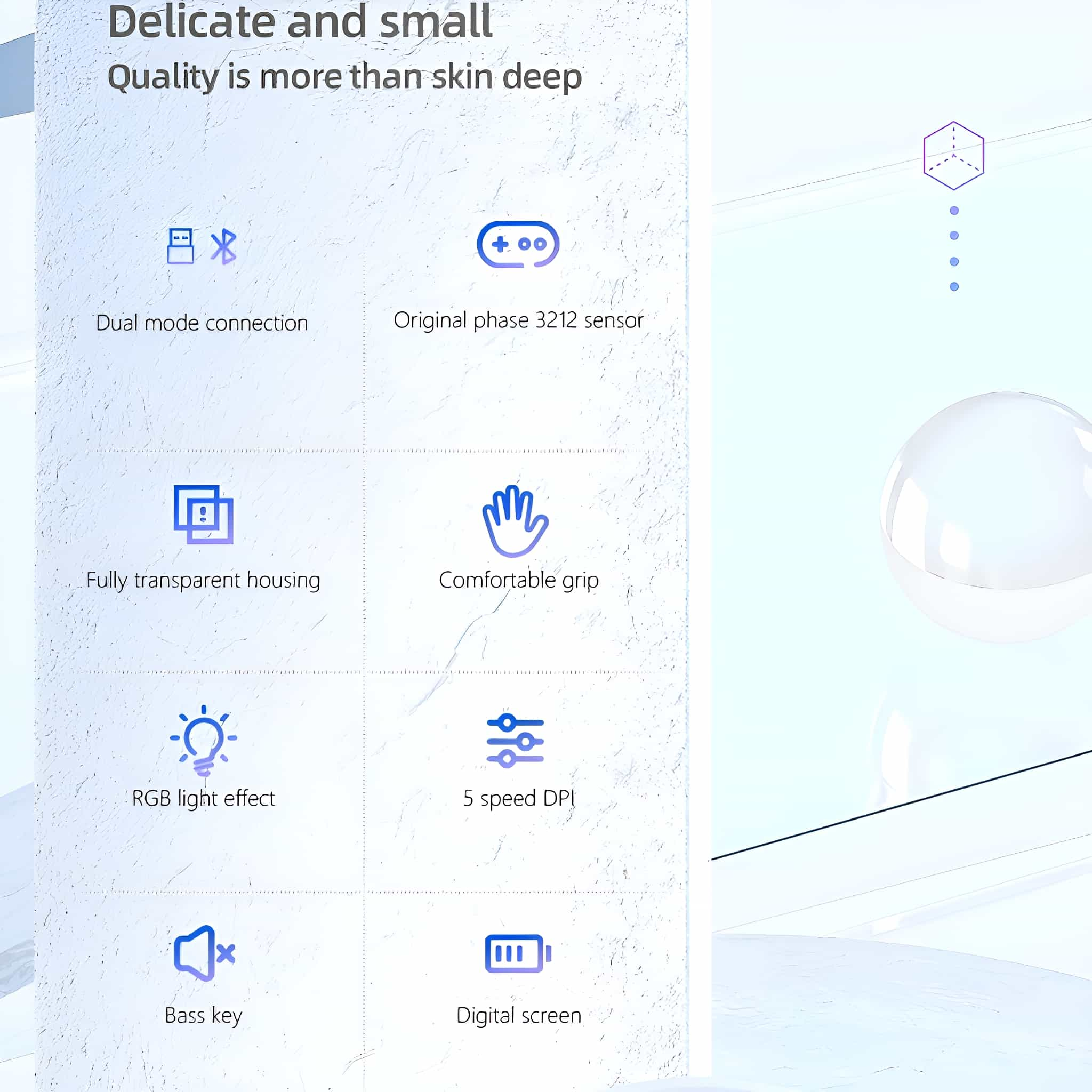 Produktmerkmale Grafik mit Icons und Text, einschließlich Verbindung, Griff und DPI.