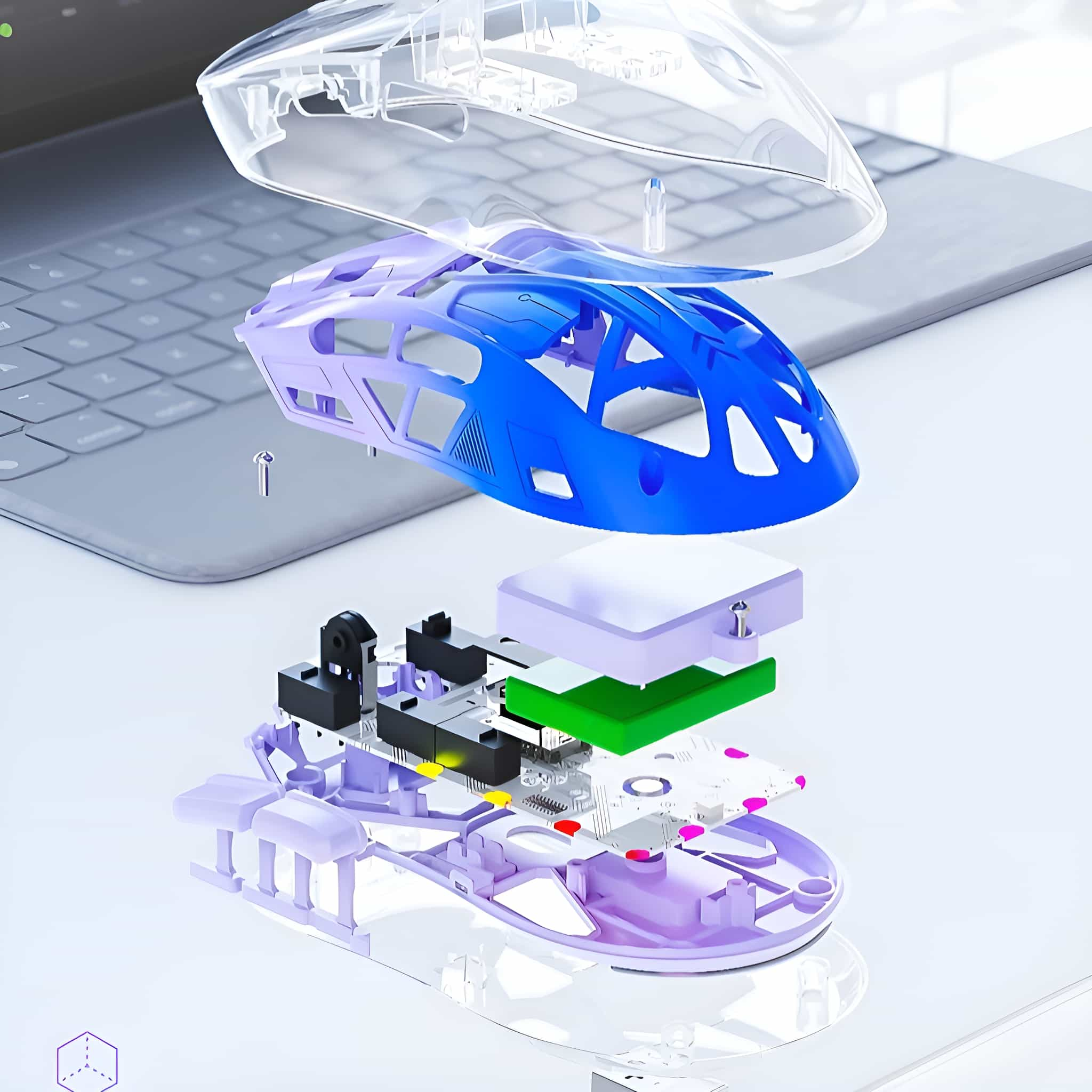 Explosionsansicht einer Computermaus, die die inneren Komponenten in durchscheinendem Blau und Lila zeigt.