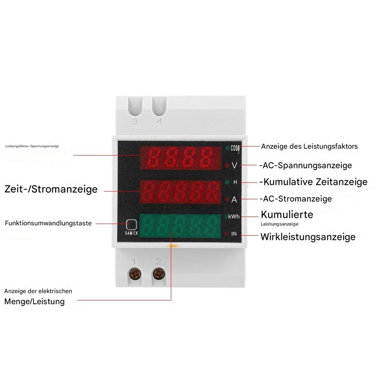 Nahaufnahme einer Digitalanzeige. Es hat einen Bildschirm und mehrere beschriftete Abschnitte. Es ist ein Leistungsmesser.