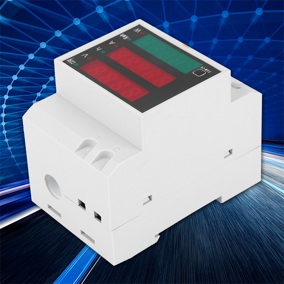 Ein weißes elektrisches Gerät mit roten und grünen Anzeigen. Es hat eine Nah- und eine Sicherheitsanzeige.