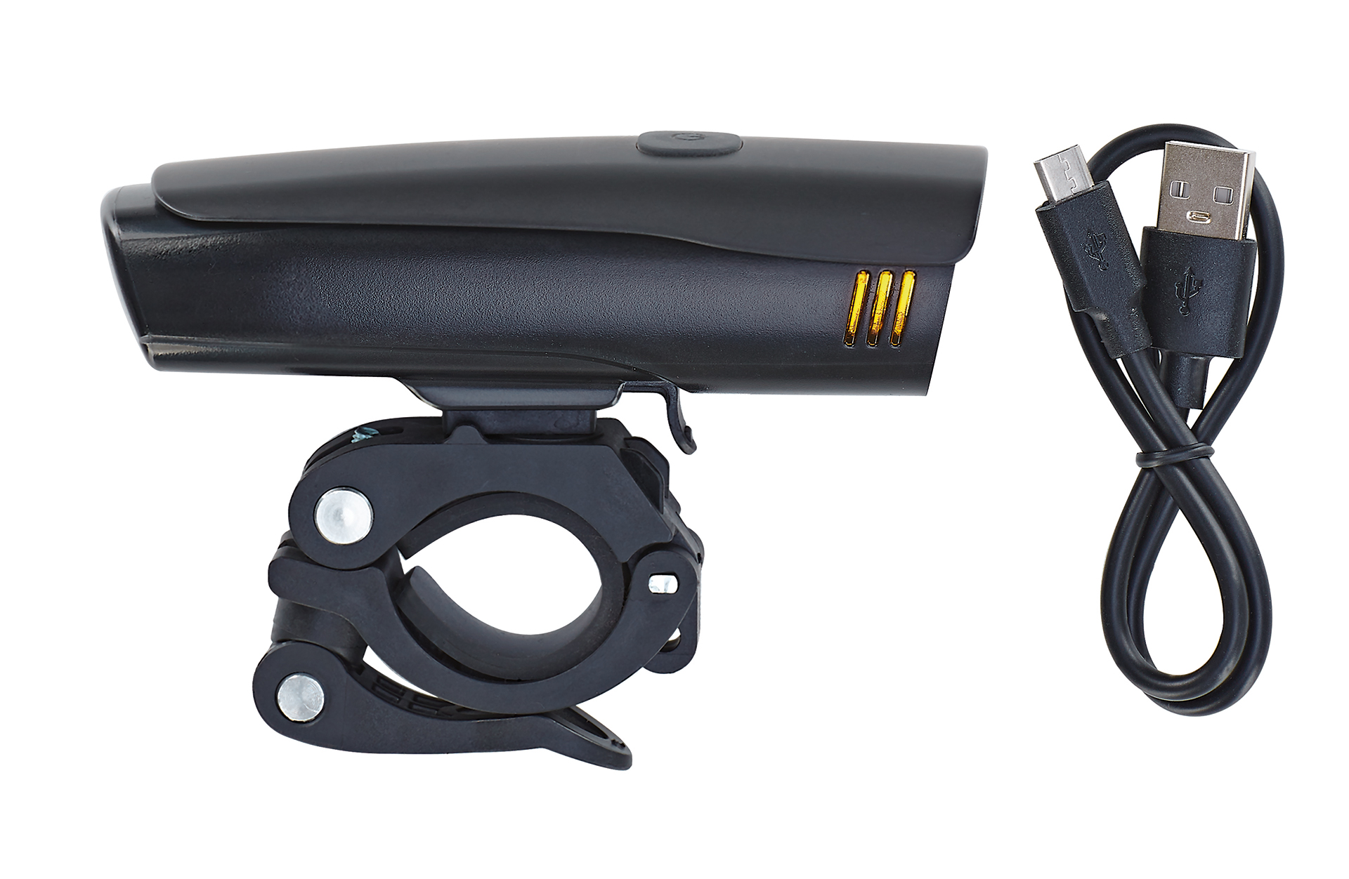 Schwarzes Fahrradlicht mit USB-Kabel. Das Licht ist an einer schwarzen Klemme befestigt.