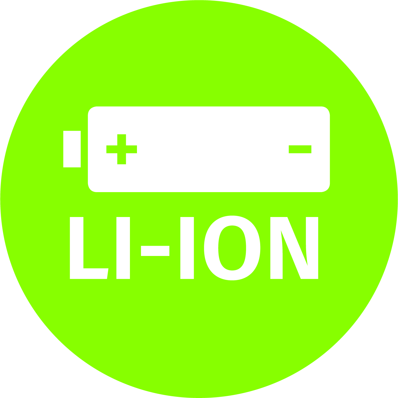 Ein grüner Kreis mit weißem Batteriesymbol und dem Wort 'LI-ION' darunter.