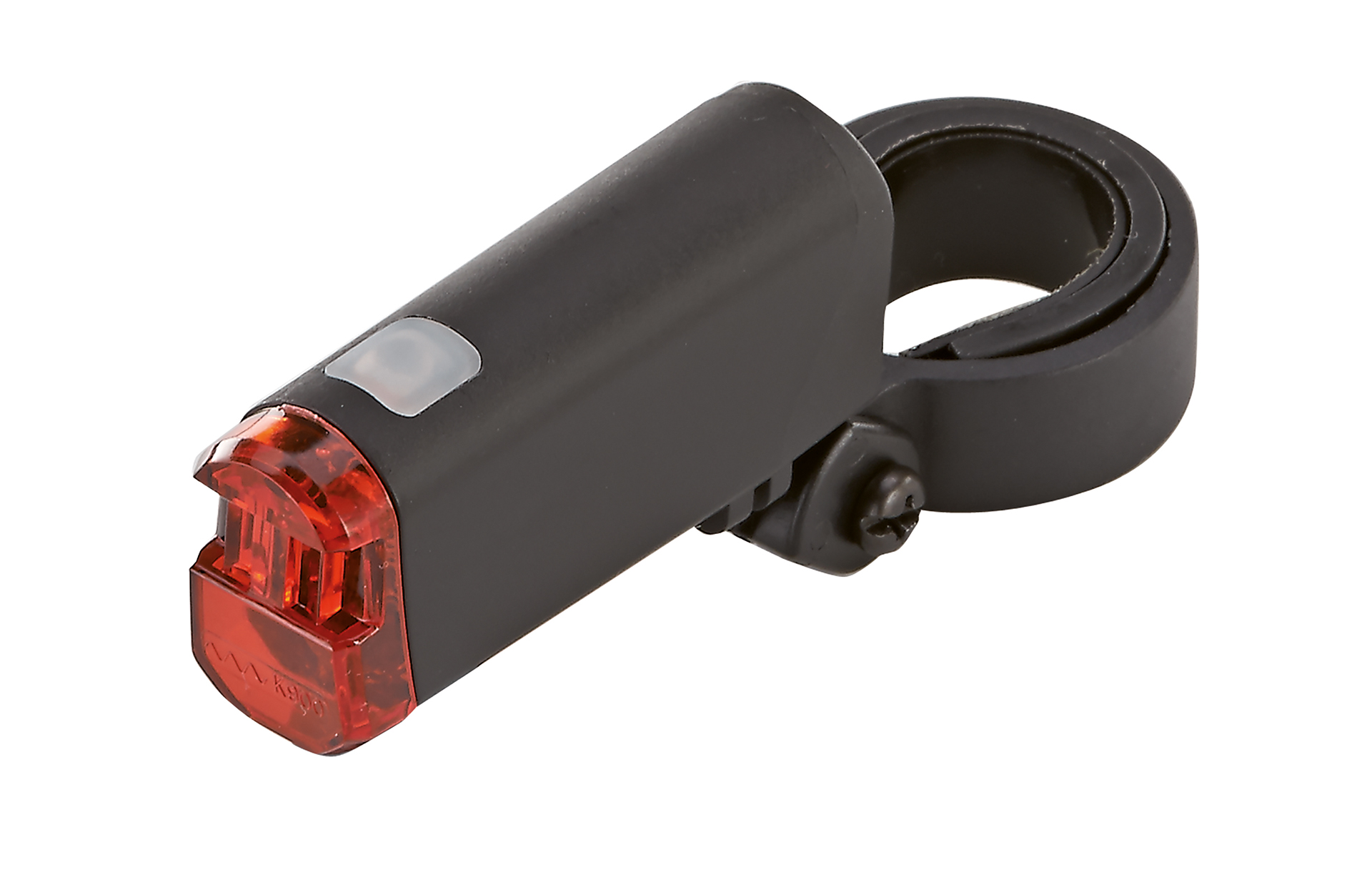 Ein schwarzes Fahrrad-Rücklicht mit roter Linse und Montagehalterung.
