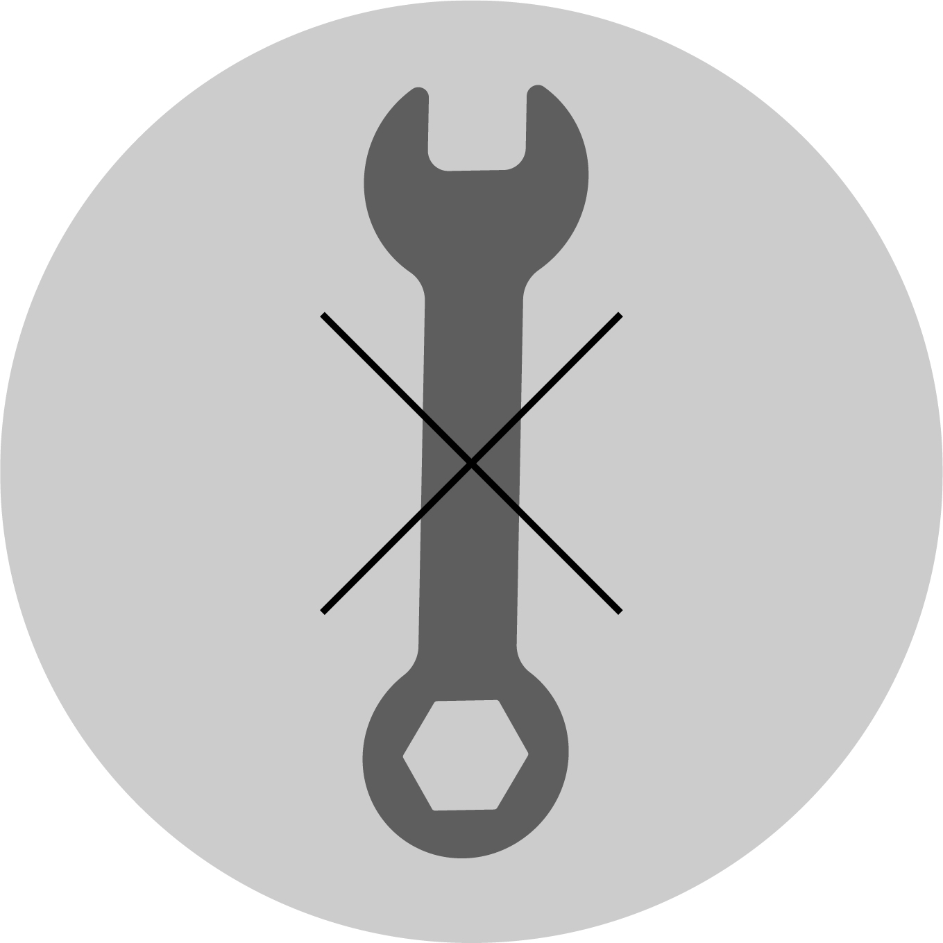 Graues Schraubenschlüssel-Symbol mit Kreuz in einem hellgrauen Kreis. Der Schraubenschlüssel ist grau.