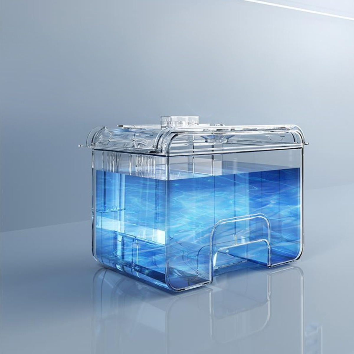 Klarer, transparenter Wassertank mit Deckel, steht auf einer reflektierenden Oberfläche.