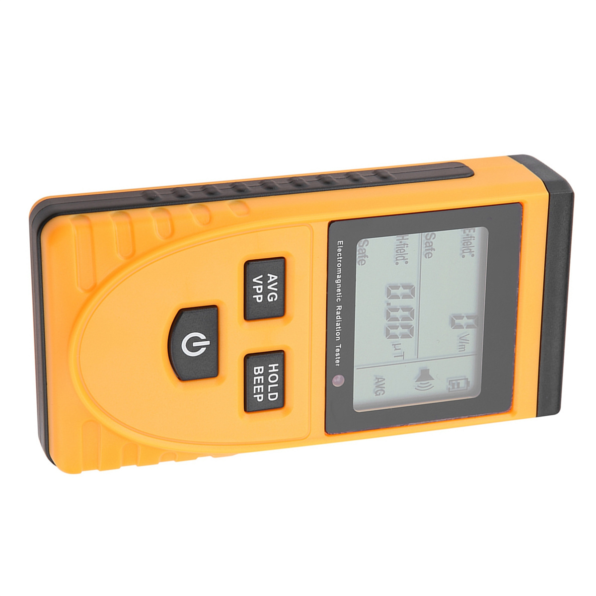 Ein orangefarbenes elektromagnetisches Strahlungsmessgerät mit Display und Knöpfen.