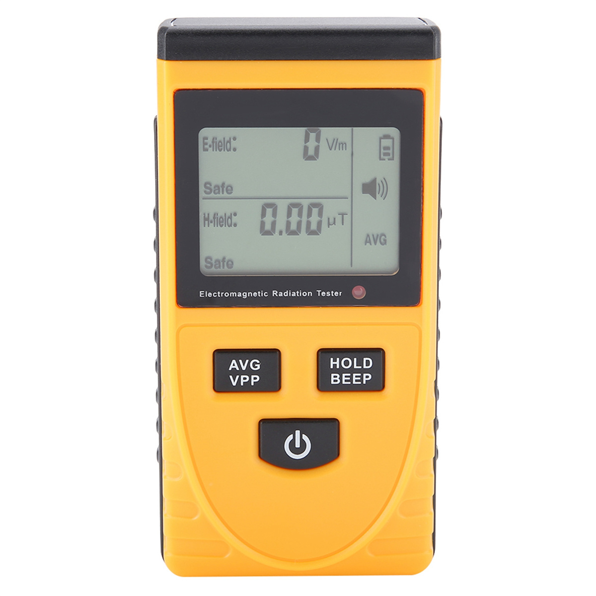 Gelbes elektromagnetisches Strahlungsmessgerät. Mit Digitalanzeige, Knöpfen und Ein-/Ausschalter.