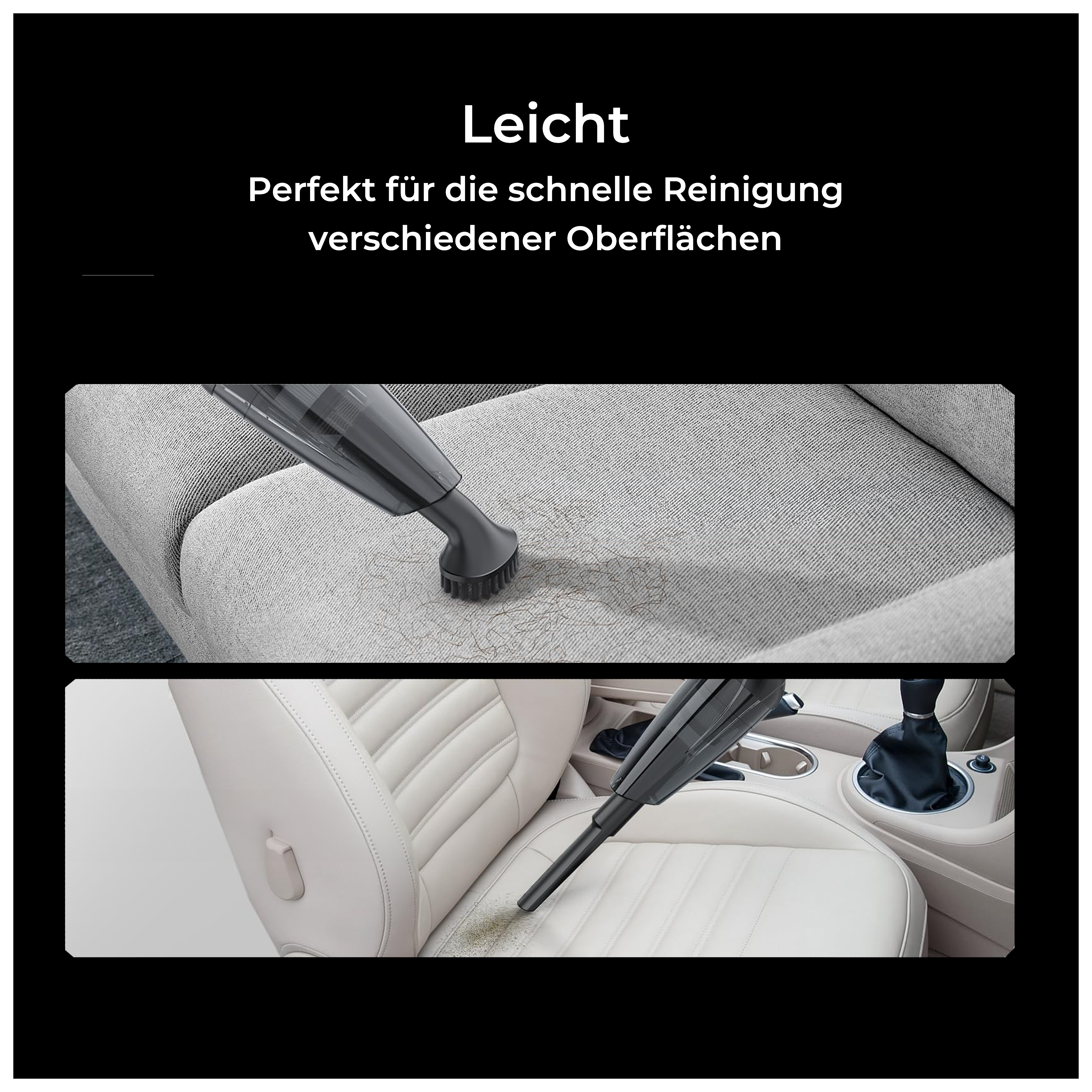 Saugen mit einem kleinen Handstaubsauger: Reinigung einer Couch und eines Autositzes, schwarzer Hintergrund.