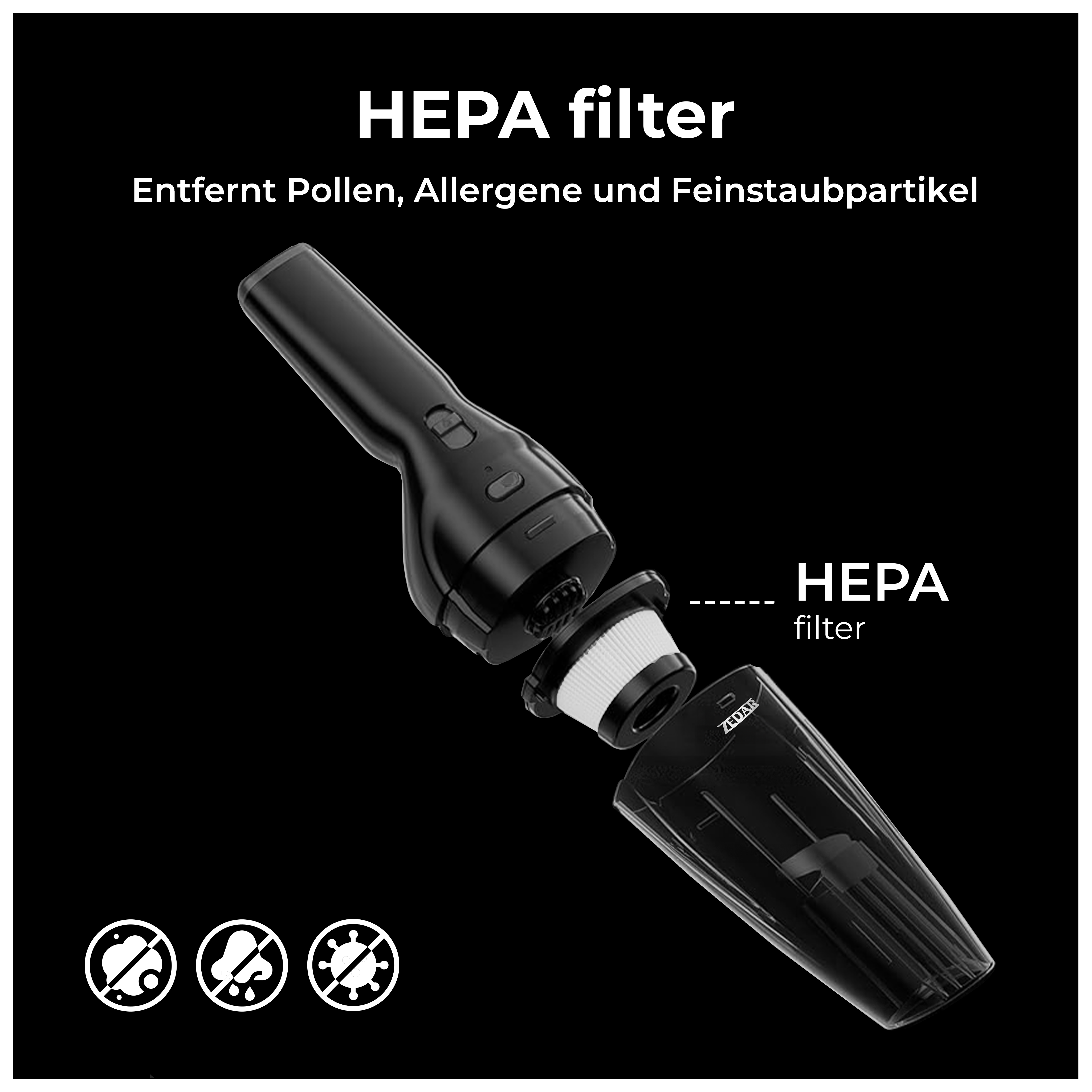 Staubsauger mit HEPA-Filter, zerlegt. Text auf Deutsch erwähnt HEPA und Allergene.