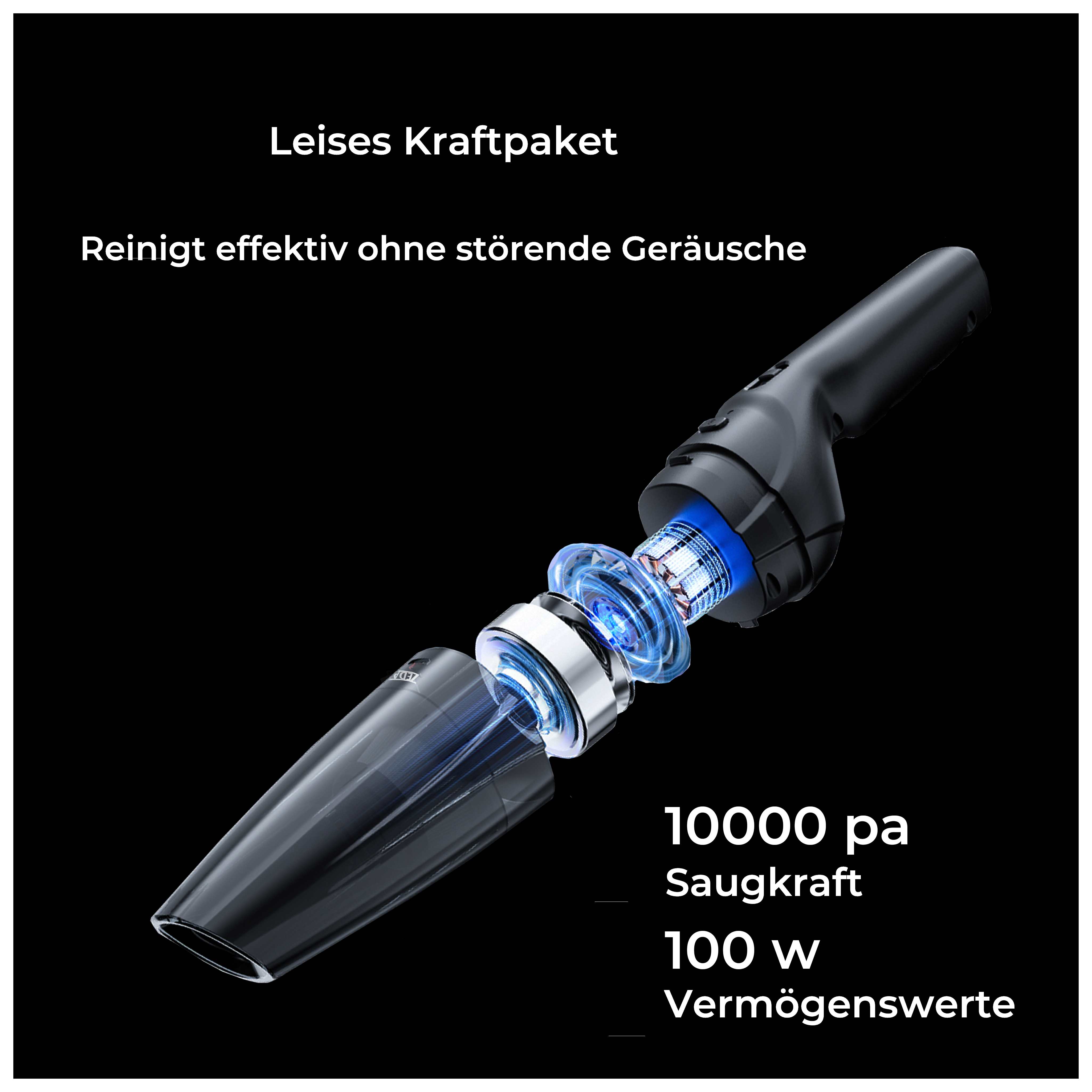 Zerlegter Staubsauger. Schwarzer Korpus mit blauen und silbernen Komponenten. Produktspezifikationen unten.