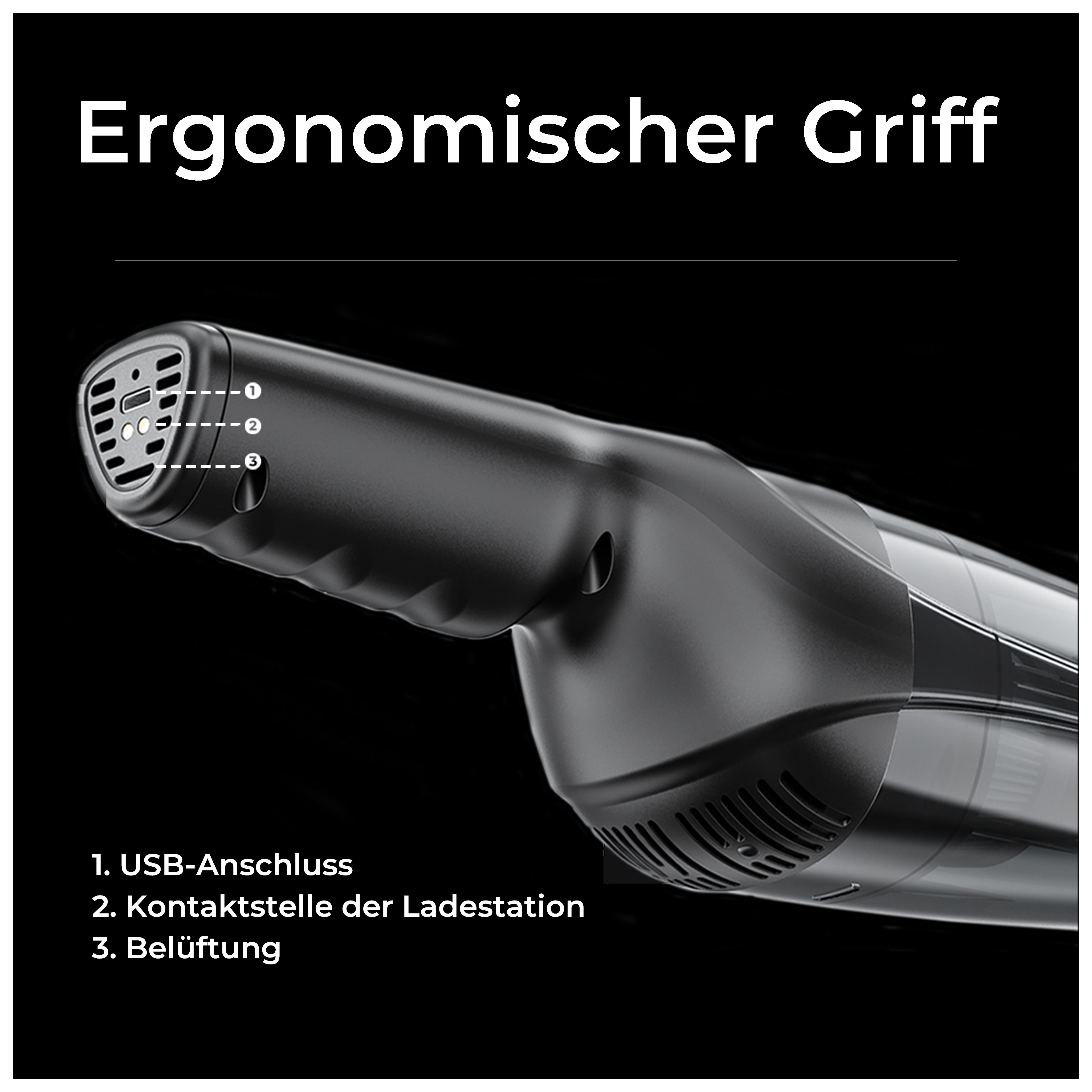Schwarze Staubsaugerdüse mit ergonomischem Griff. USB-Anschluss, Ladestation und Belüftung.