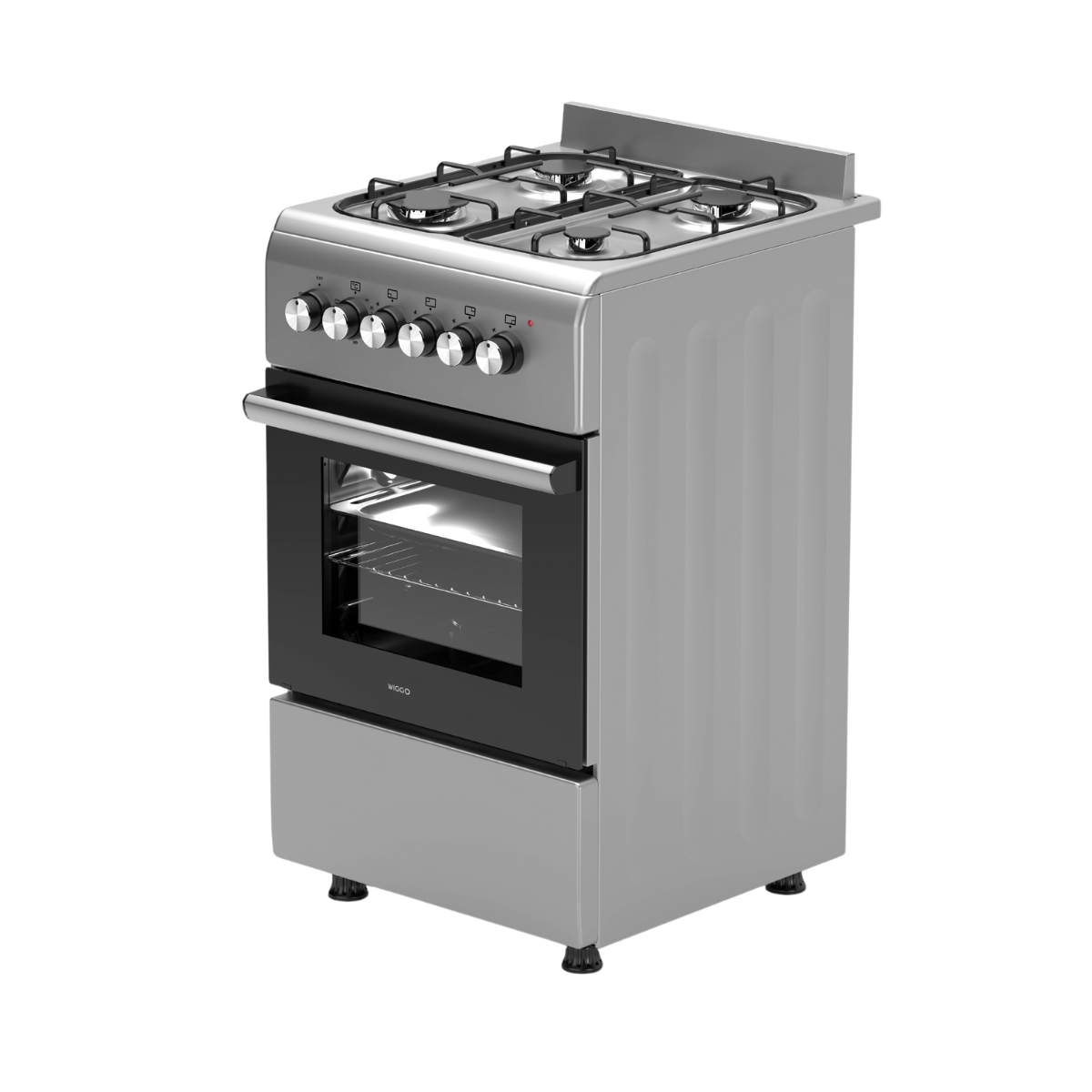 A silver gas stove with four burners, an oven, and control knobs. The oven door is black. The stove is on a black background.