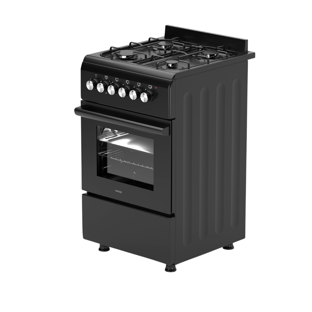 A black gas stove with four burners, an oven, and control knobs. It has a modern design, set against a black background.