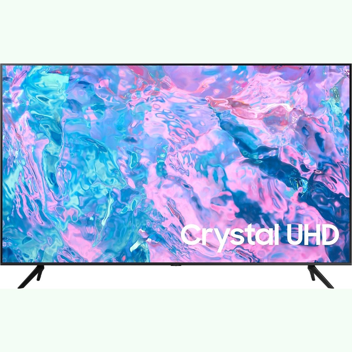 Telewizor Samsung Crystal UHD, duży ekran, z niebiesko-różowym wzorem abstrakcyjnym.