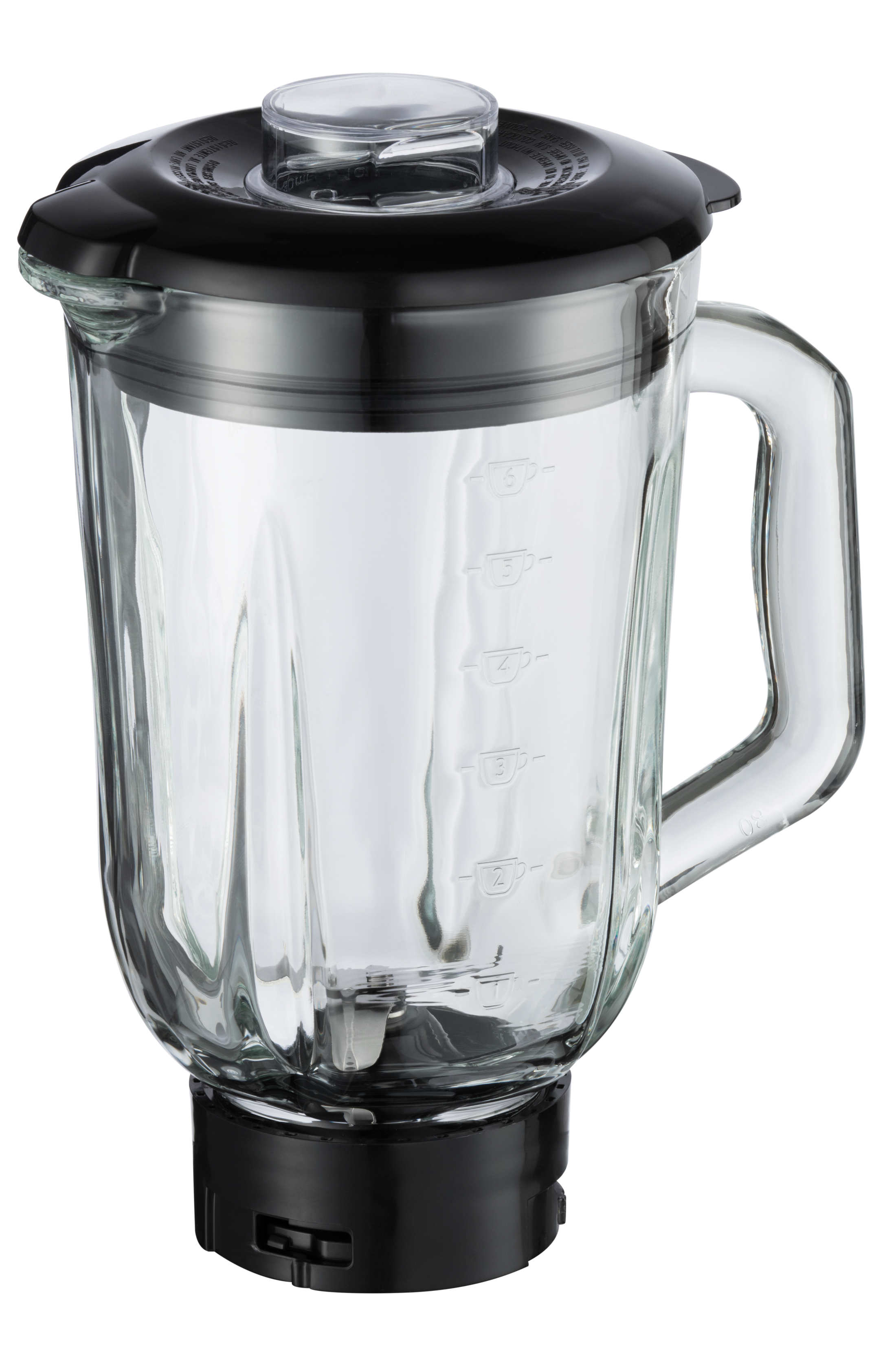 Glas-Mixerkrug mit schwarzem Deckel und Griff. Weißer Hintergrund.