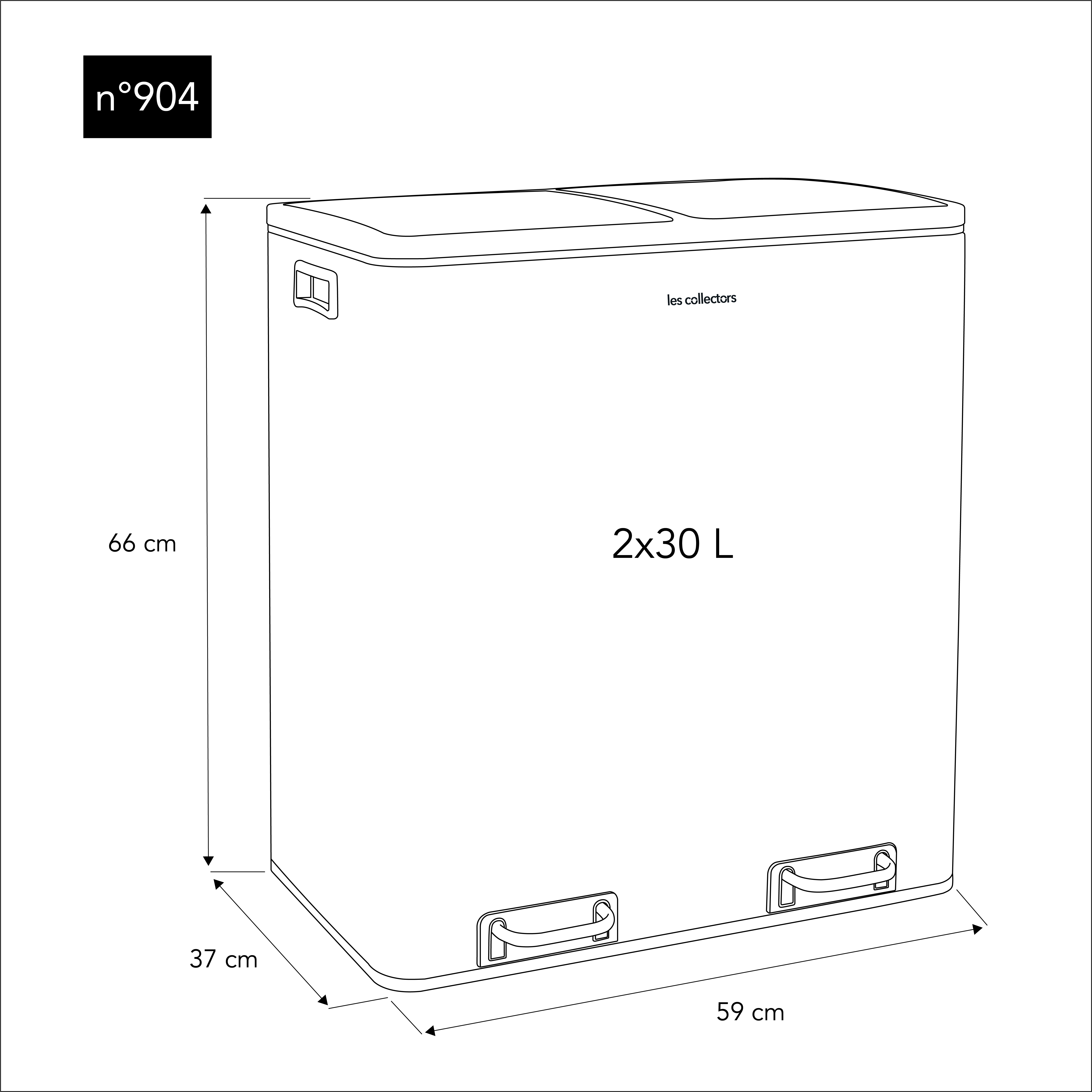 Weißer Mülleimer mit schwarzen Griffen, beschriftet mit '2x30 L' und Abmessungen.