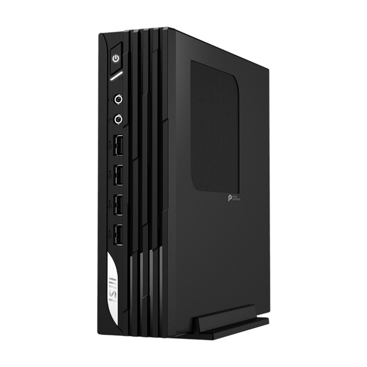 Un case per computer nero su un supporto. Ha diverse porte USB e un pulsante di accensione.