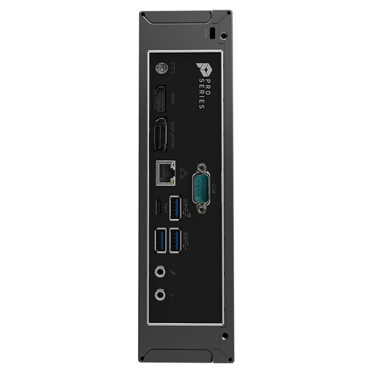 Vista posteriore di un mini PC grigio con porte, tra cui HDMI, USB e audio.
