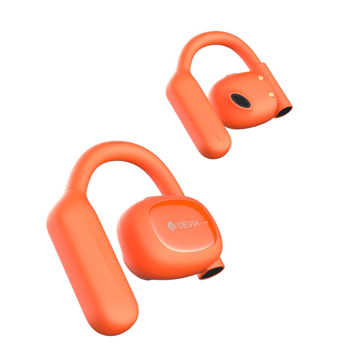 Zwei orangefarbene kabellose Ohrhörer. Sie sind vom Knochenleitungstyp.