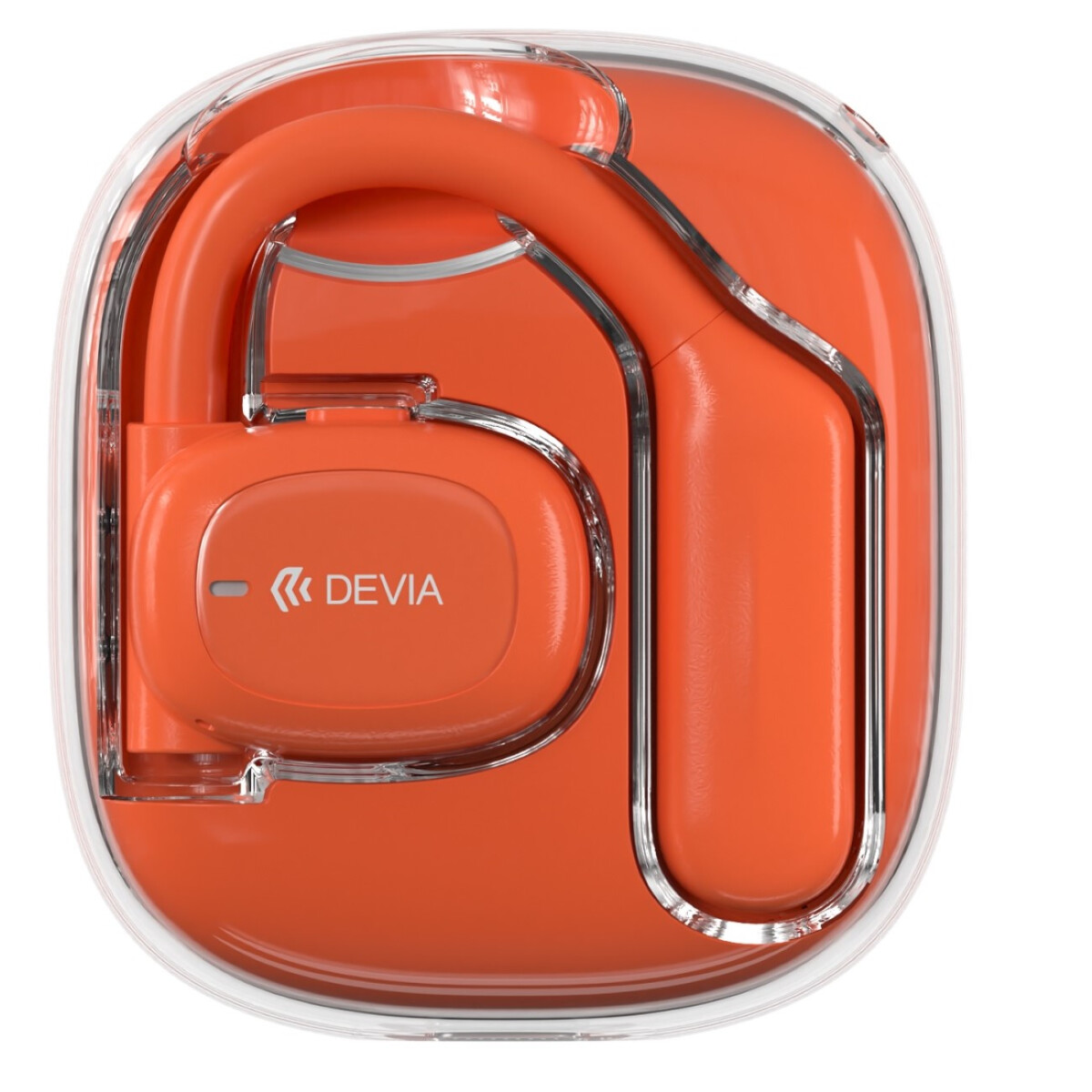 Orange kabellose Ohrhörer in einem transparenten Kunststoffgehäuse. Gehäuse und Ohrhörer haben ein einzigartiges Design.