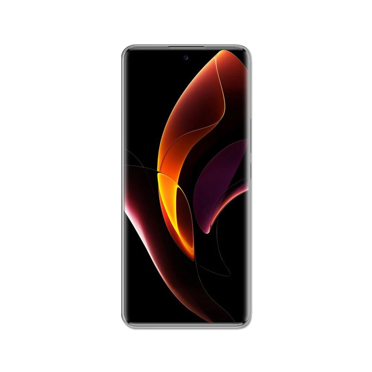 Ein Smartphone mit schwarzem Display und abstrakten orange-violetten Grafiken.