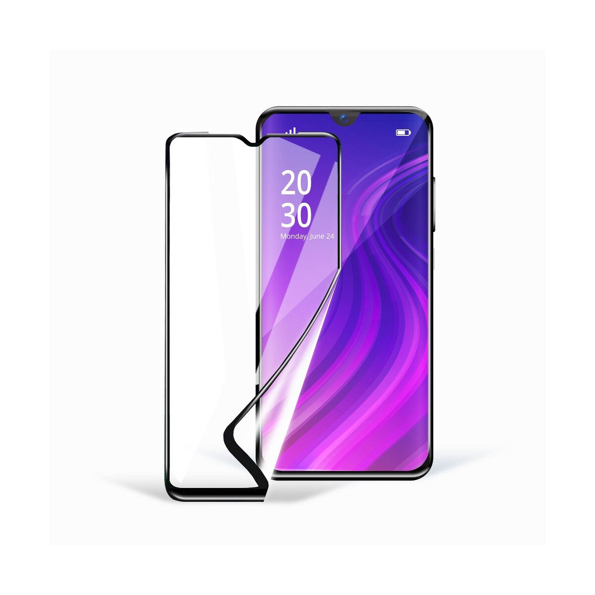 Ein Telefon und ein Displayschutz. Der Displayschutz ist klar und teilweise abgezogen. Er zeigt den Bildschirm des Telefons.