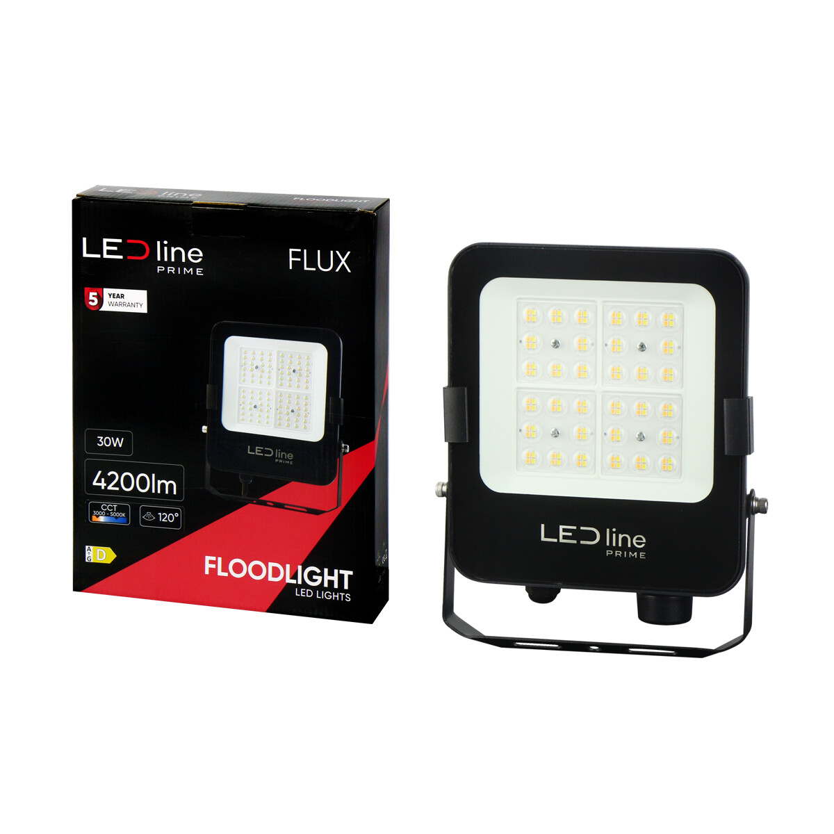 Flutlicht und Box. Flutlicht schwarz mit weißem Lichtfeld, Box schwarz und rot.