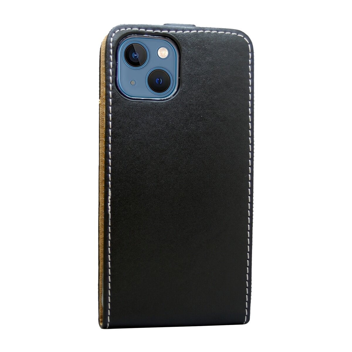 Schwarze iPhone-Hülle mit weißen Nähten. Die Hülle hat eine Lederstruktur.