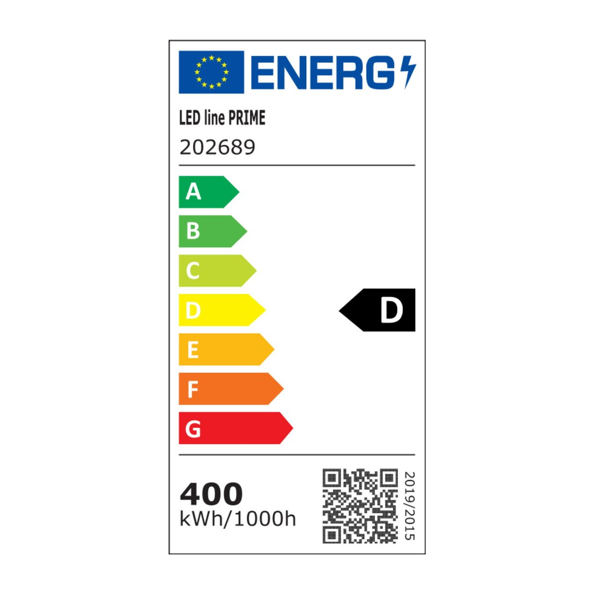 Energieeffizienzlabel mit einer A-G-Skala, zeigt eine D-Bewertung.