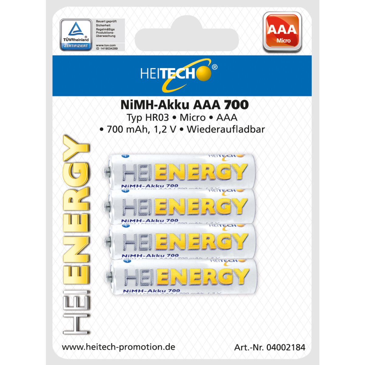 Packung mit vier AAA-Akkus. Die Batterien sind mit 'HEITECH ENERGY' auf weißem Hintergrund versehen.