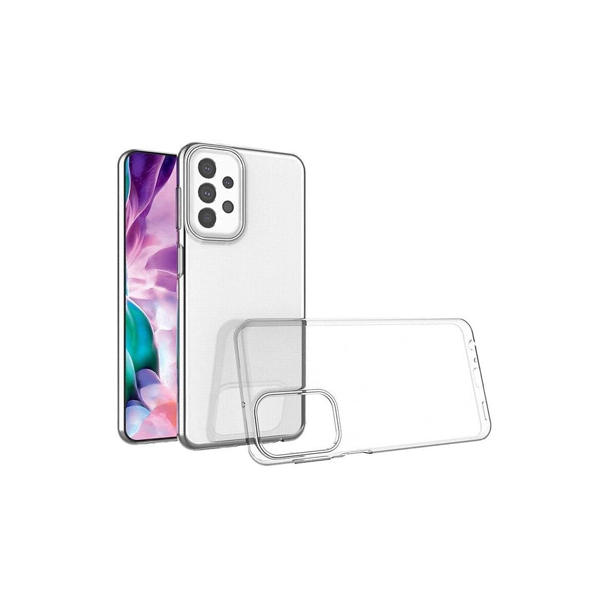 Ein Telefon mit Hülle in der Mitte des Bildes. Die Hülle ist transparent und das Telefon hat mehrere Kameras.